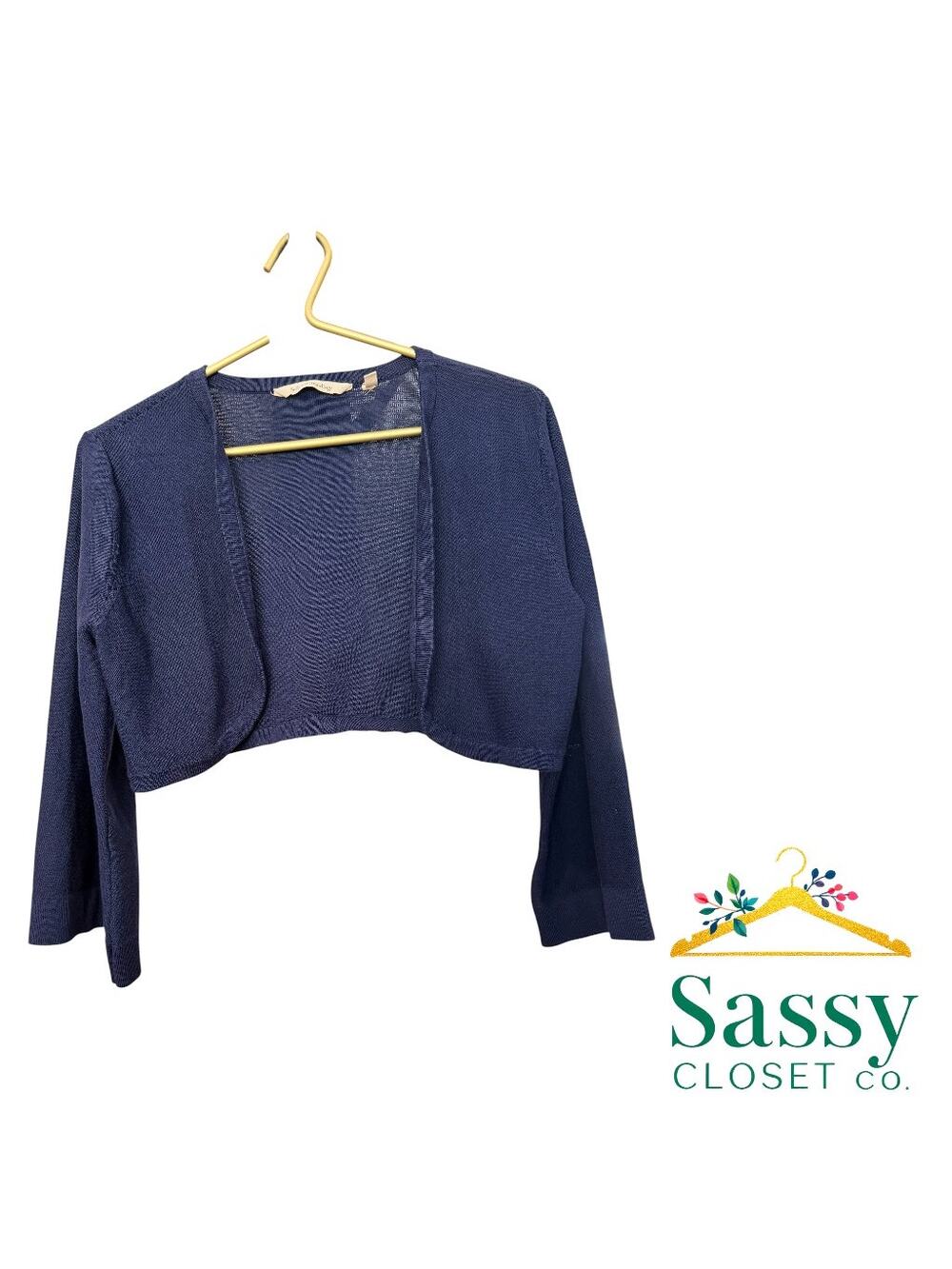Soft Surroundings Navy Cropped Shrug Sweater Bell 3/4 Sleeves Women’s Small EUC